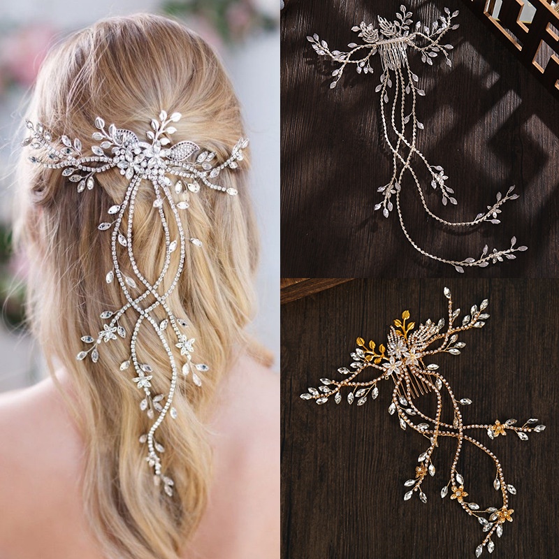 [Fiture] Kreatif Berwarna Emas Olive Leaf Hair Card Modis U-Shaped Hair Clips Shiny Crystal Long Hair Plug Comb Elegan Bridal Wedding Pearl Headpiece