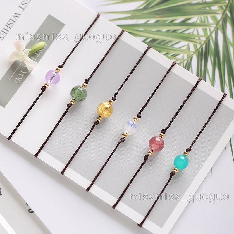 Gelang Manik-Manik Bulat | Gelang Tangan Manik-Manik Kristal Warna Merah Untuk Wanita | Batu Kristal Amethyst Agate Moonstone Warna Pink Emas Untuk Rambut