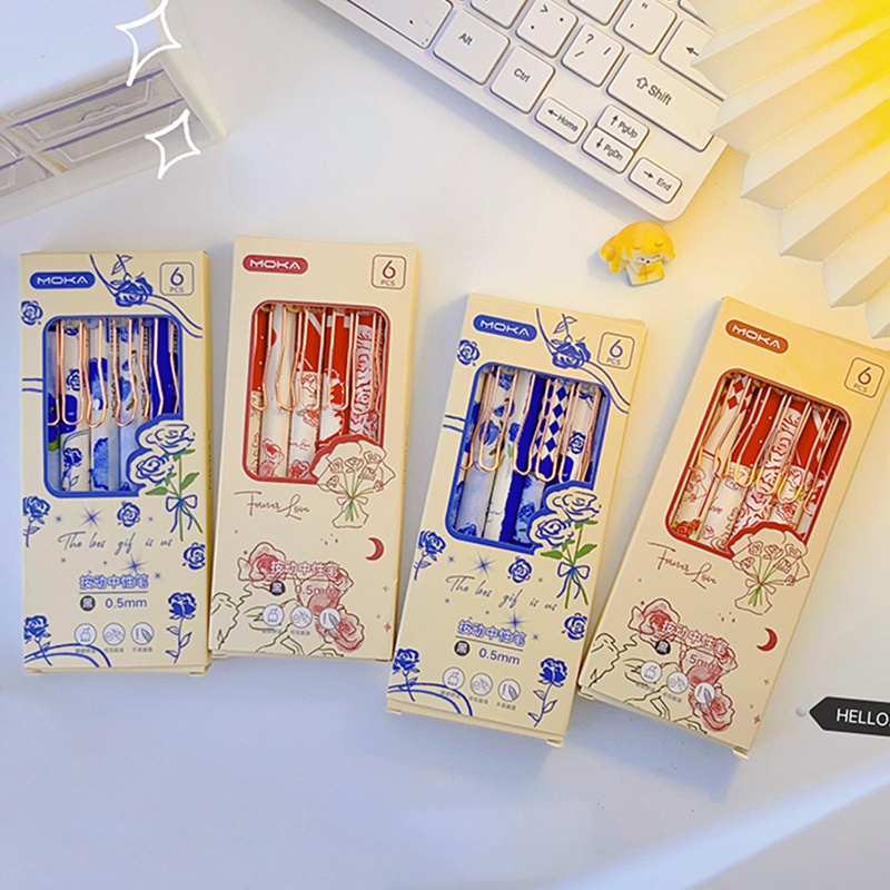 6pcs 0.5mm Seri Mawar Kering Ditarik Gel Pen Tinta Hitam ST Nib Ball Pen