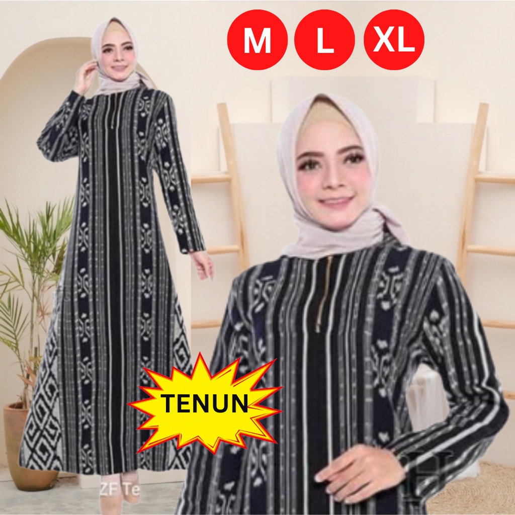 Model Gamis Tenun 2023 Hitam Putiih Simpel Modern Remaja Dress Eticha Wanita Muslim Pesta Elegan Mew