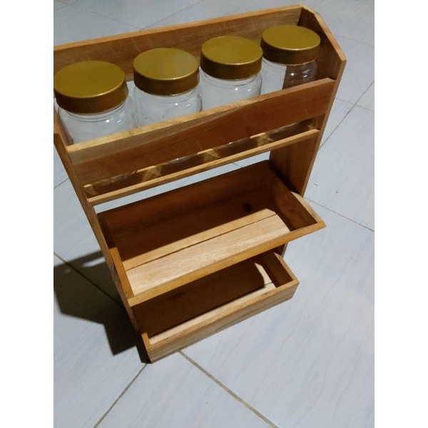 BAHAN KAYU JATI RAK BUMBU DAPUR KOMBINASI  / TEMPAT BAWANG / SUSUN / TINGKAT / KEKINIAN BONUS TOPLES