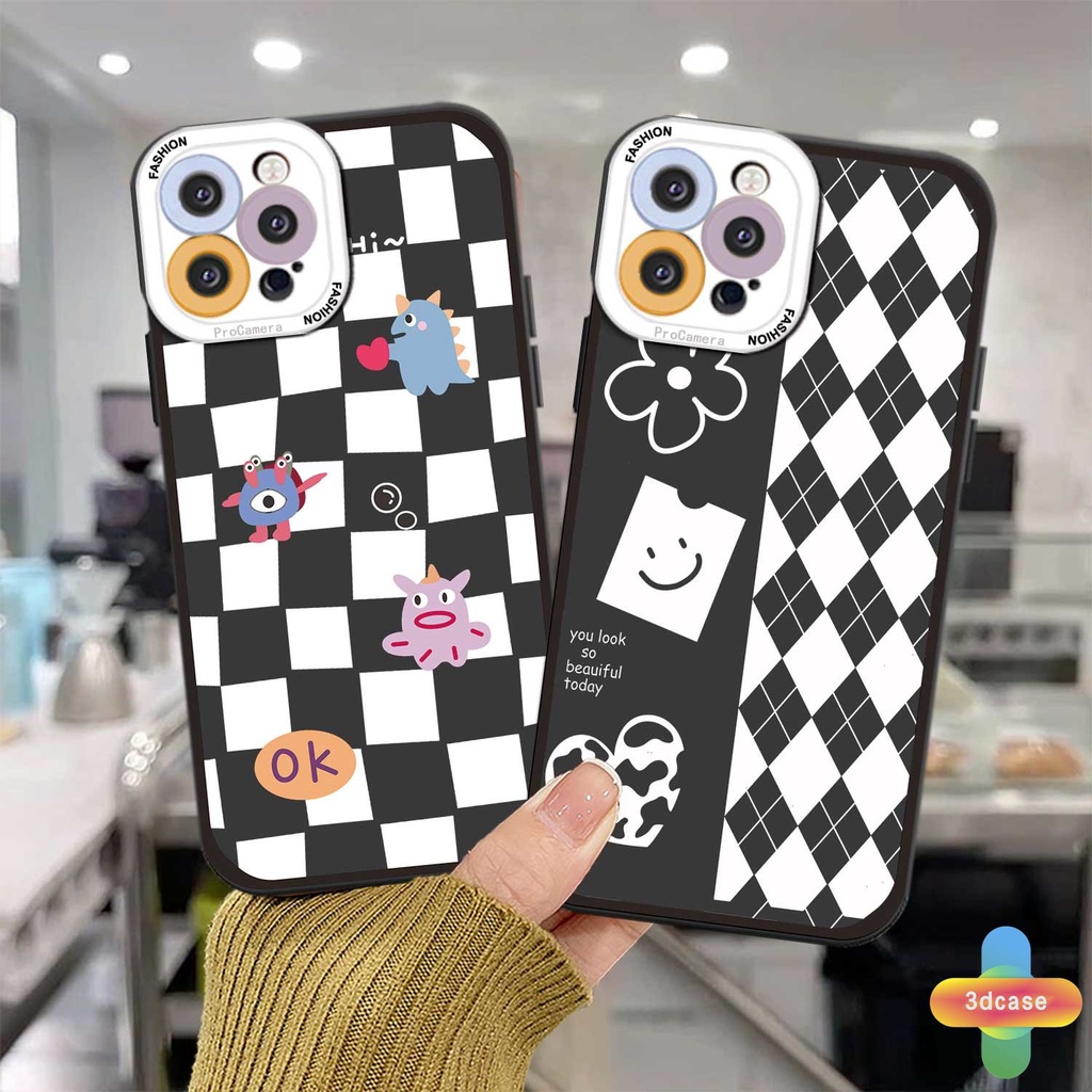 IPHONE Case Kompatibel For IPhone 11 12 13 PRO MAX 6 7 6S 8 Plus X XR XS MAX Se 2020 6SPlus 7Plus 6Plus 8Plus XSMAX papan Catur Diamond Grid Kartun Monster Kecil Lembut TPU Bergelombang Penutup Tepi