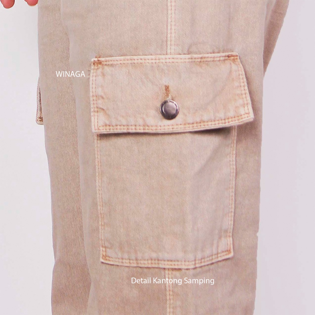 WINAGA - HighWaist Cargo Loose Jeans Pinggang Belakang Karet Celana Cargo Jeans Wanita