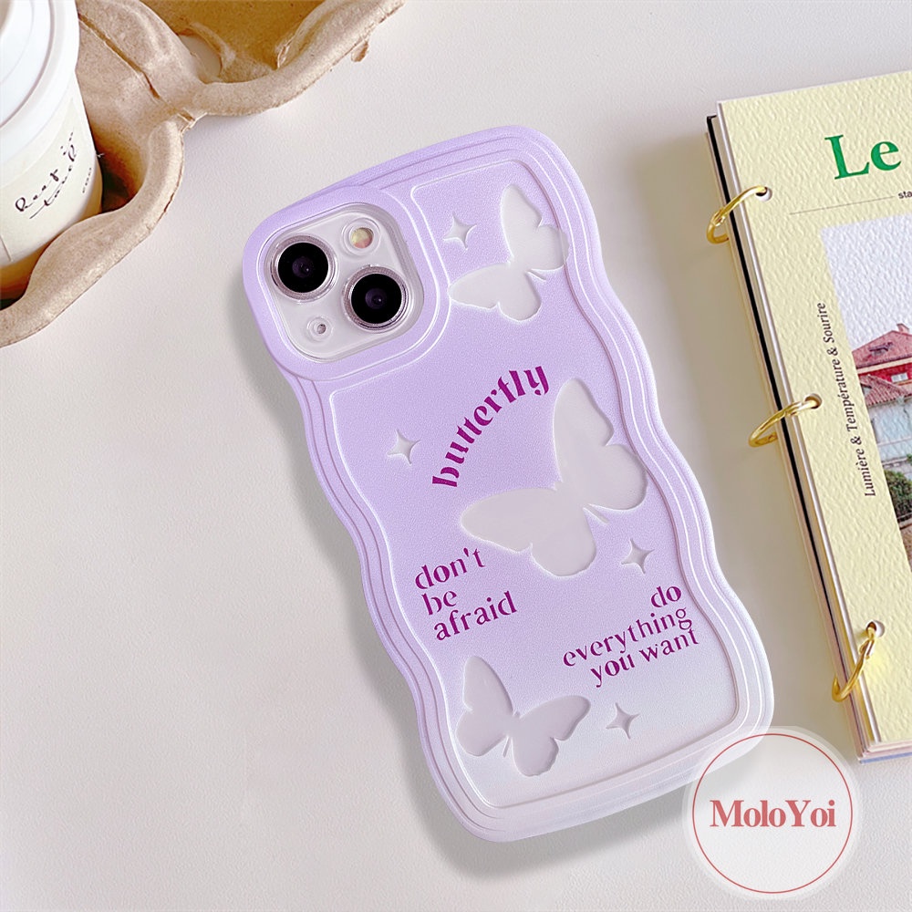 IPHONE Casing Ponsel Kompatibel Untuk Iphone11 14 13 12 Pro Max 6 6s 8 7 Plus XR X XS Max SE 2020 14 Plus Gradasi Ungu Fantastis Kupu-Kupu Tepi Bergelombang Lembut TPU Cover