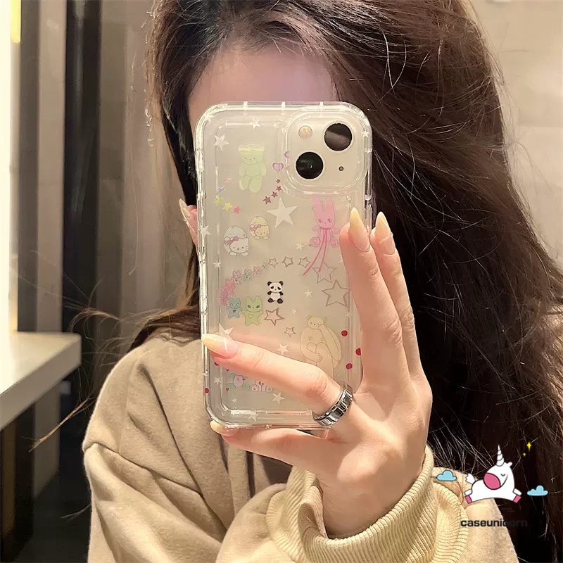 Airbag Shockproof Phone Case Kompatibel Untuk iPhone 7plus XR 11 14 13 12 Pro MAX 7 8 6 6S Plus X XS MAX 8plus SE 2020 Ins Korea Kartun Bintang Lucu Beruang Kitty TPU Lembut Bening Cover