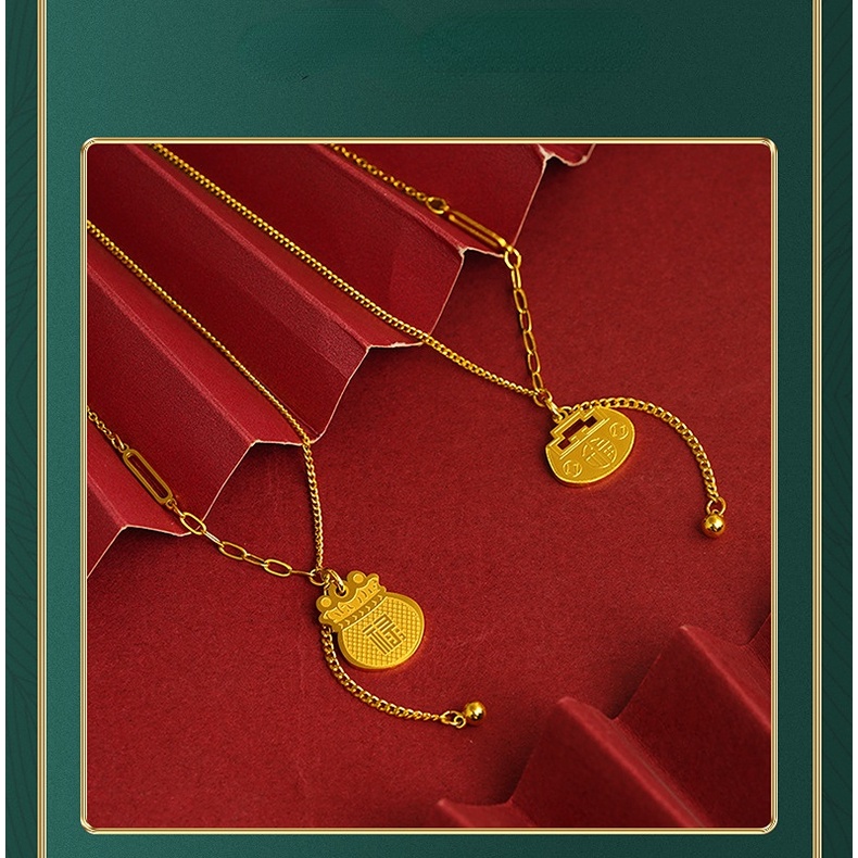 Goldkingdom Perhiasan Fashion Emas Asli Kadar 375Bangkok Aksesoris Ready Stock Fu Lu Rumbai Sepuhan Liontin Fu Tas Kunci Emas Kalung Untuk Wanita