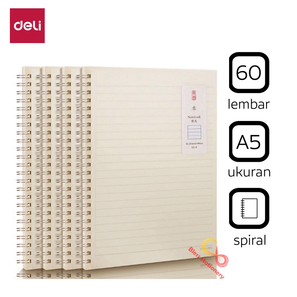 

Deli buku garis A5 notebook buku spiral buku tulis bergaris Cover PP Transparant A5 60 lembar