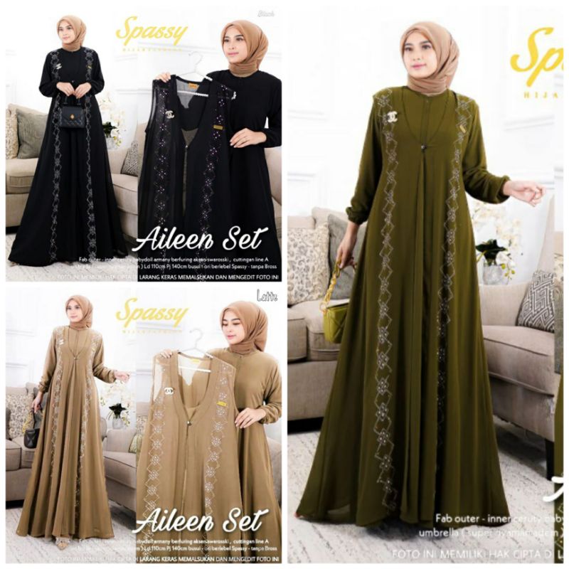 Aileen set dress + outher / gamis ceruty full puring / gamis lebaran / pakaian wanita kekinian