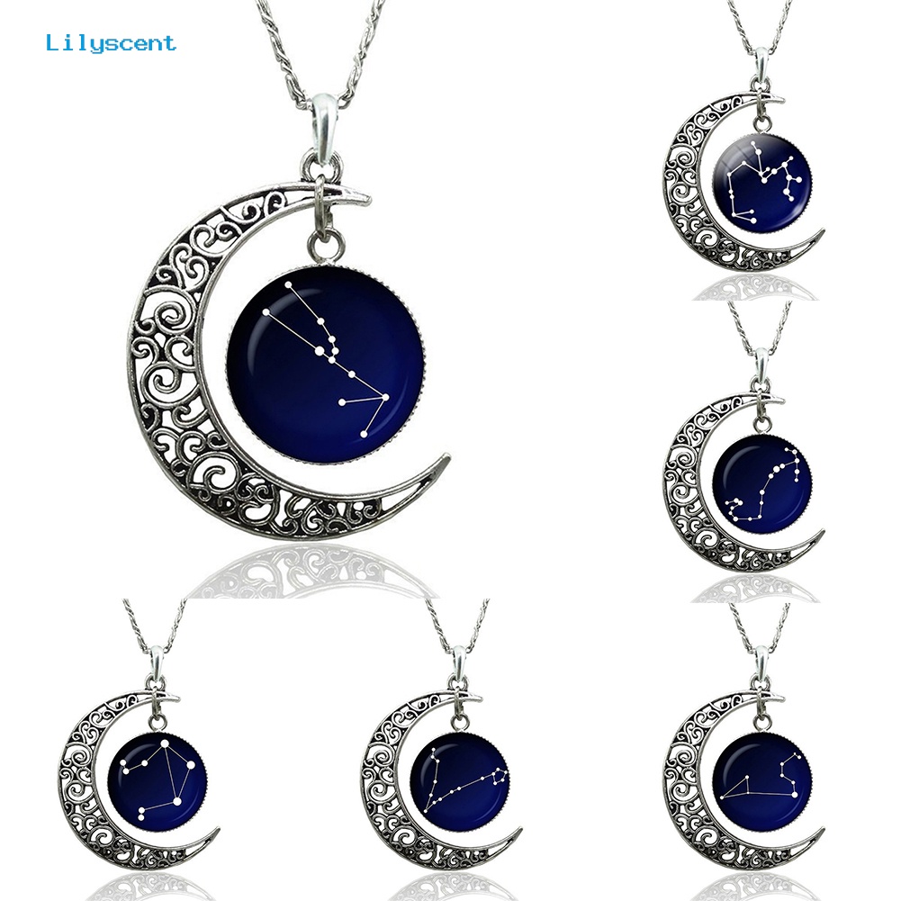 [LS] Tanda Astrologi Astrologi Hollow Bulan Kaca Cabochon Liontin Wanita Kalung