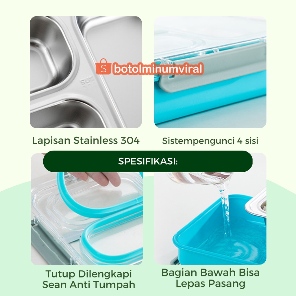 Lunch Box Stainless Anti Tumpah Tedemei Premium Sekat 3