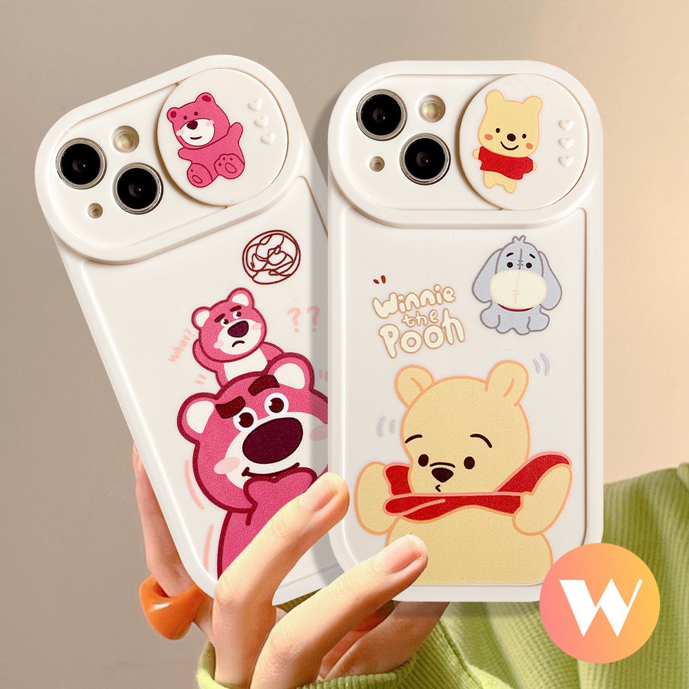 IPHONE Kartun Pasangan Case Kompatibel Untuk Iphone11 13 12 Pro Max 7Plus XR 6Plus X XS Max Cute Strawberry Bear Manyo Winnie the Pooh Pull Push Window Pelindung Kamera Soft Cover