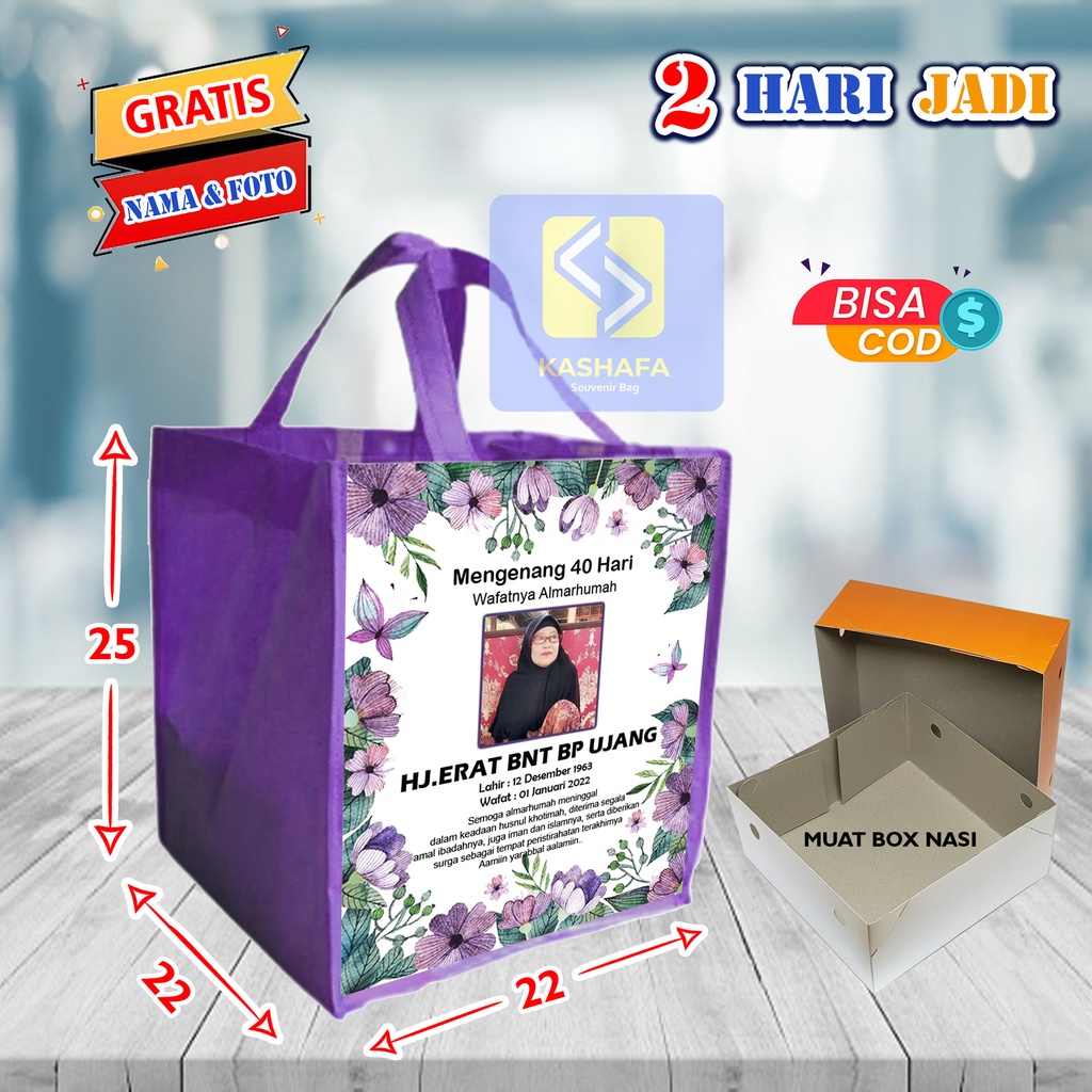 

Tas Khajatan Muat Box Nasi Berkat - Tas Mengenang - Tas Wafat - Tas Haul - Tas Kirim Doa - Goodie bag Khajatan free desain - Tas Aqiqah - Tas Khitan - tas berkat Gratis Design nama dan Foto -Tas Berkat Custom
