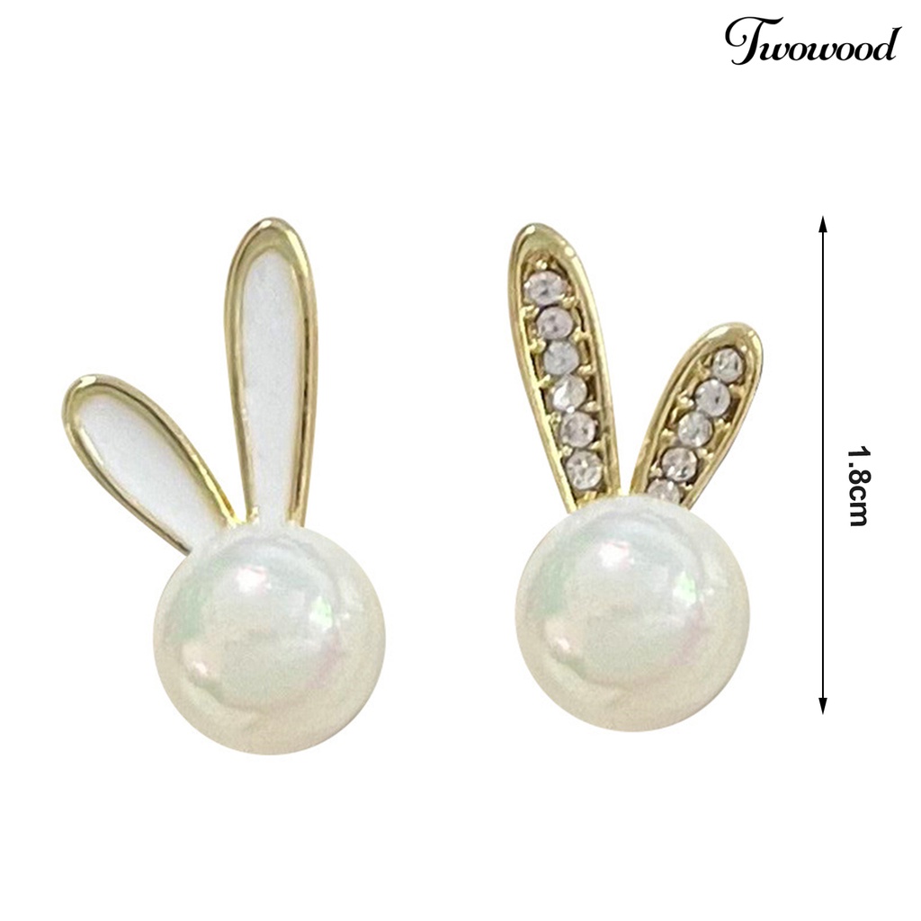 Twowood 1pasang Ear Studs Berlian Imitasi Bertatahkan Dainty Hadiah Hari Valentine High Gloss Faux Pearl Rabbit Kelinci Wanita Anting Perhiasan Fashion