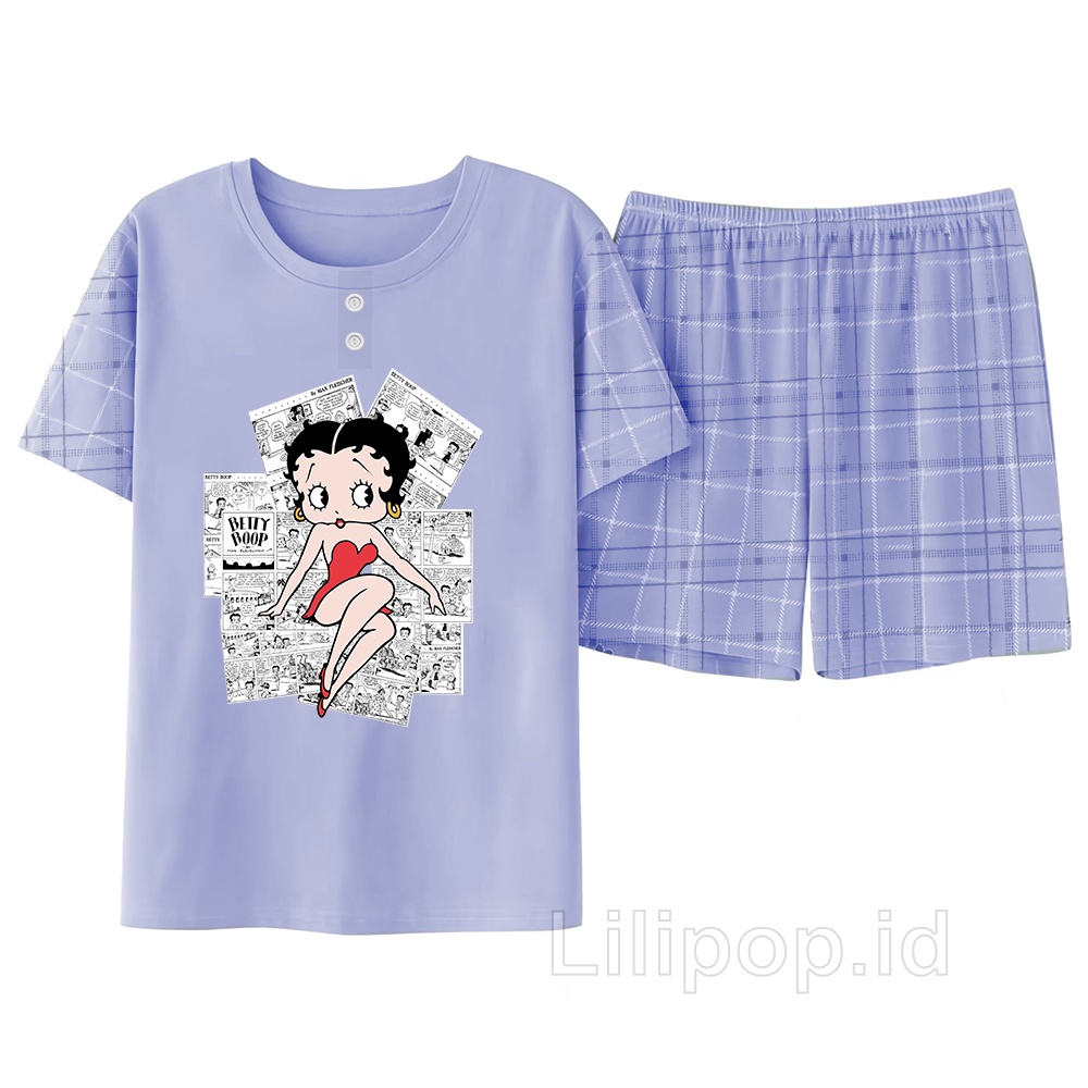 Lilipop.id  Baju Tidur Wanita 3/4 All Size Standar Betty Bo Setelan Piyama BabyDoll Kaos Celana Pendek
