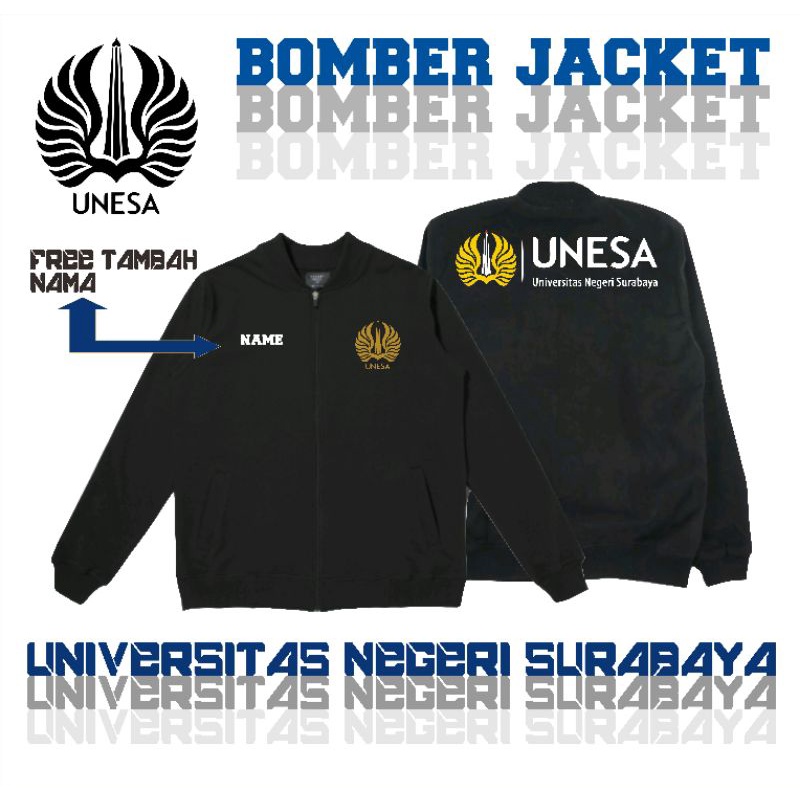 Jaket Kampus Universitas Negeri Surabaya UNESA FREE CUSTOM NAME Black Navy Army Misty