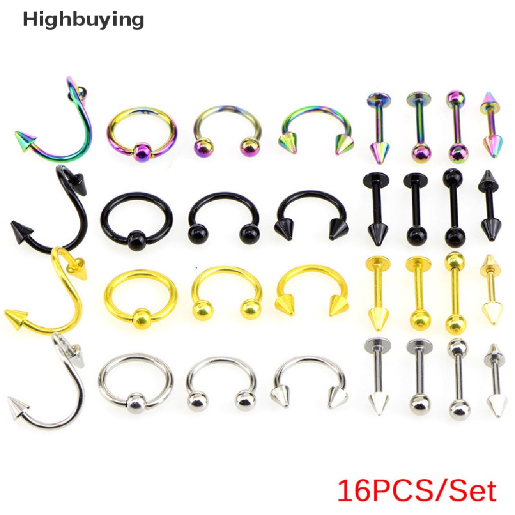 Hbid 16PCS/Set Cincin Bar Lidah Perut Spiral Anti Karat Perhiasan Alis Glory