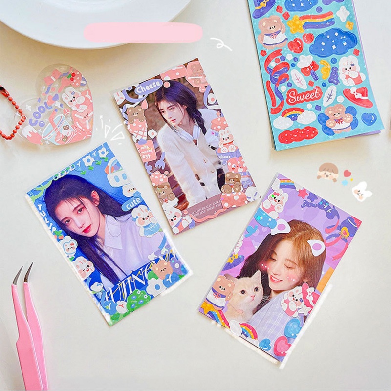 1lembar Kartun Lucu Laser Beruang Kelinci Stiker Shiny Kawaii Tahan Air Hias Decals Untuk DIY Scrapbooking Foto Jurnal Perlengkapan Alat Tulis Sekolah