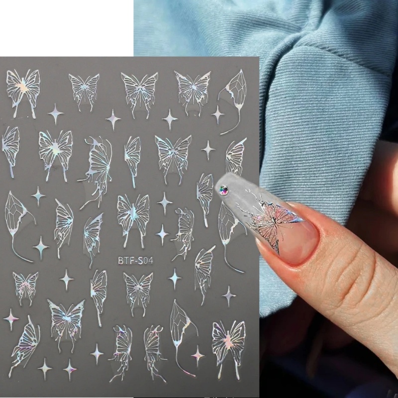 3d Berongga Kupu-Kupu Nail Art Stiker/Reflektif Laser Bintang Emas Perak Kuku Manicure Sticker