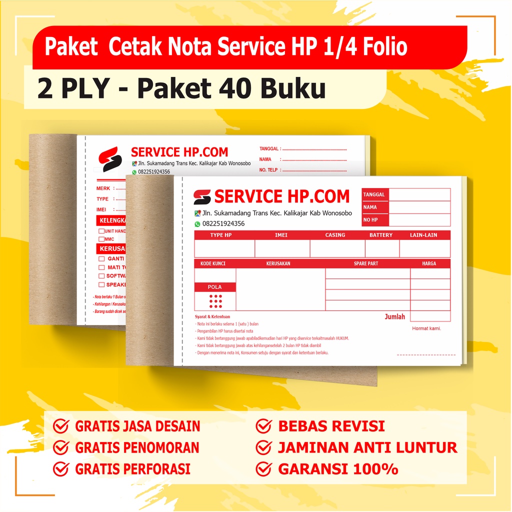 

CETAK NOTA SERVICE HP 2 PLY PAKET 40 BUKU ( 1 RIM ) NOTA CUSTOM SERVICE HP