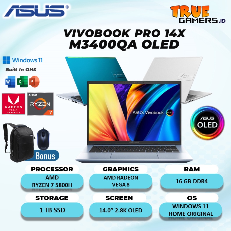 LAPTOP ASUS VIVOBOOK PRO 14X OLED M3400QA RYZEN 7 5800H RAM 16GB 1TBssd WIN 11 FREE OHS GARANSI RESMI