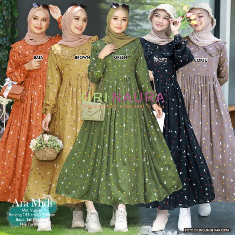 ARA MIDI gamis midi viscose motif ori naura ziper depan