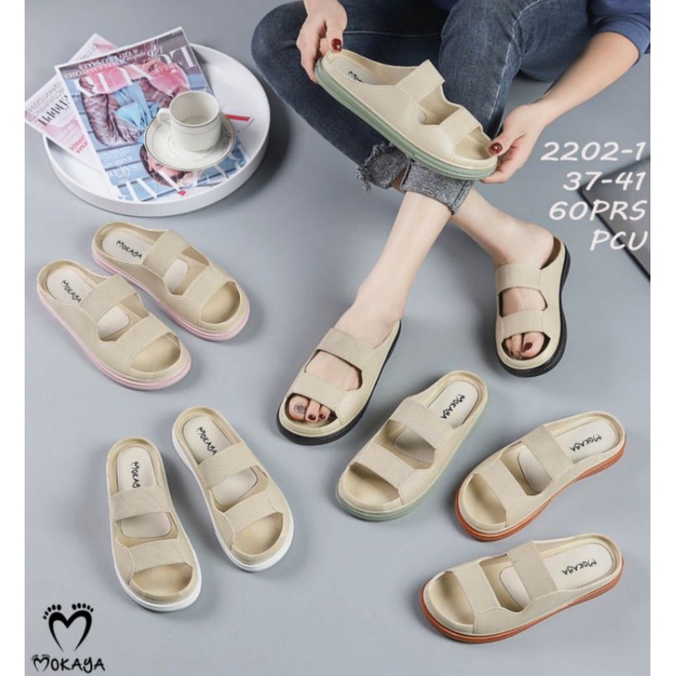 2202 Sepatu Sandal Mokaya Selop Wanita Ban 2 Polos &amp; Flower Karet Platform Import Sendal Wedges Slop Jelly Cewek Perempuan Kerut Dua Tebal Empuk Simple Casual Keren Trendy Cakep Viral Kekinian Terbaru Impor 2202-1 2202-2 2202-311 (029-028 &amp; 029-0281)