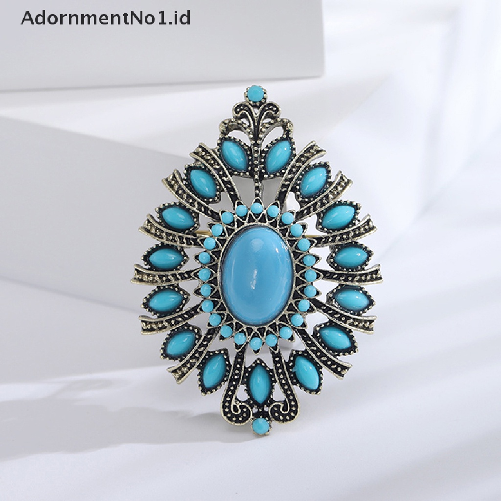 [AdornmentNo1] Bros Bulat Resin-Batu Biru Untuk Wanita Gaya Istana Cantik Vintage Pesta Bunga Kantor Brooch Pin Hadiah [ID]