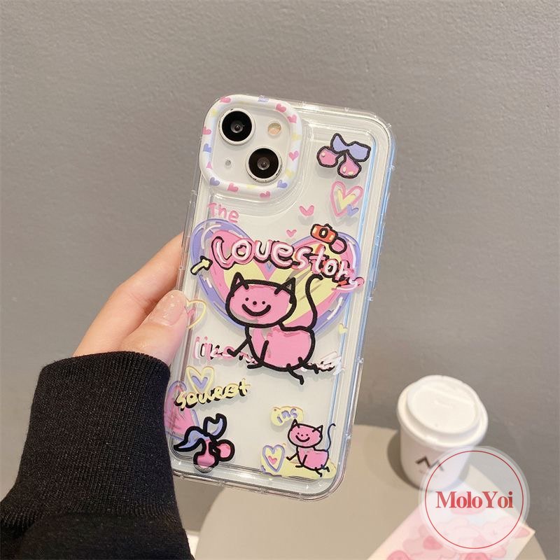Ins Lucu Kartun Graffiti Cinta Hati Kucing Case Kompatibel Untuk iPhone 14 Pro Max11 13 12 7 8 Plus XR X XS MAX 6 6S Plus Airbag Shockproof Lembut Silicon TPU Penutup Belakang
