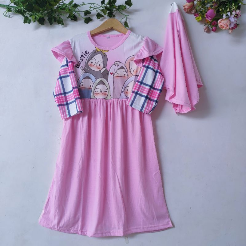 Gamis Anak 4 5 6 7 8 9 10 Tahun Anak Cewek Perempuan set muslim free hijab pakaian muslim lucu kekinian terbaru ( Gamis Ceria )