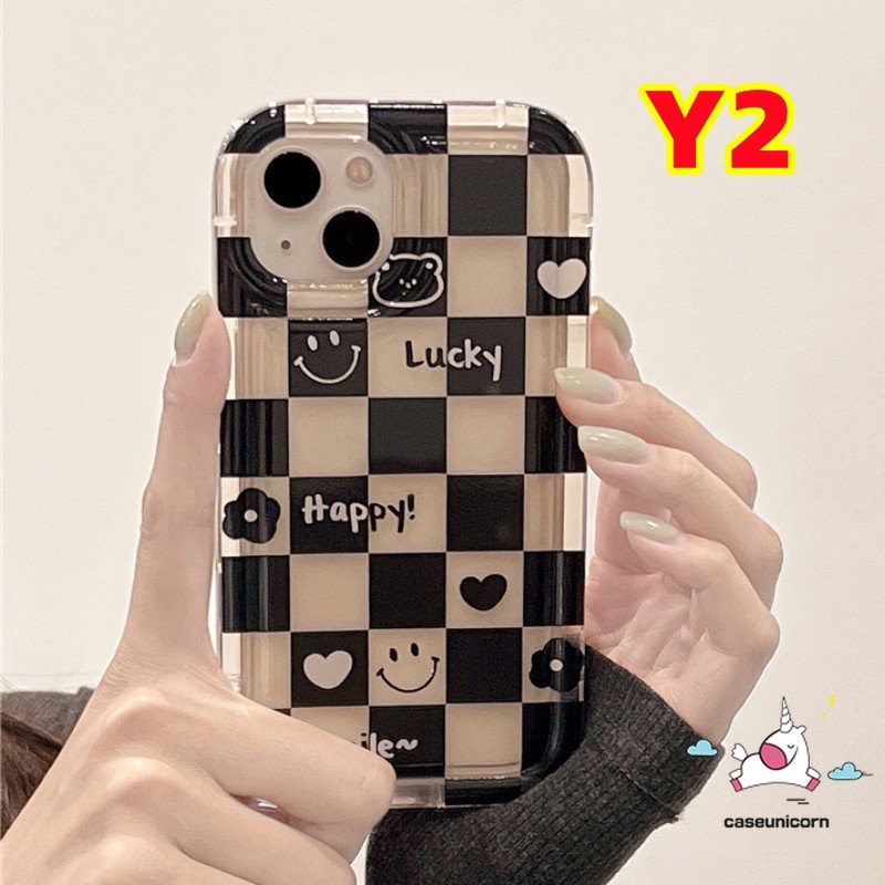 IPHONE Pasangan Casing Ponsel Kompatibel Untuk Iphone11 14 13 12 Pro MAX 6 6S 7 8 Plus XR X XS MAX Shockproof Airbag Lembut TPU Cover Ins Kotak-Kotak Beruang Smile Love Heart Flower Couple Case
