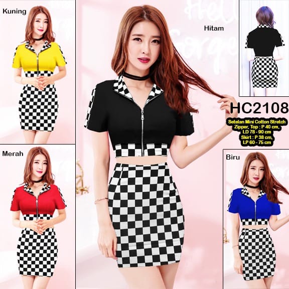 HC2108 Setelan Mini Motif Kotak + Zipper Cotton Stertch Premium / Stelan Mini Seksi / Setelan Dress Mini Sexy / Mini Dress / Setelan Rok Mini / Setelan Crop Top / Setelan Wanita