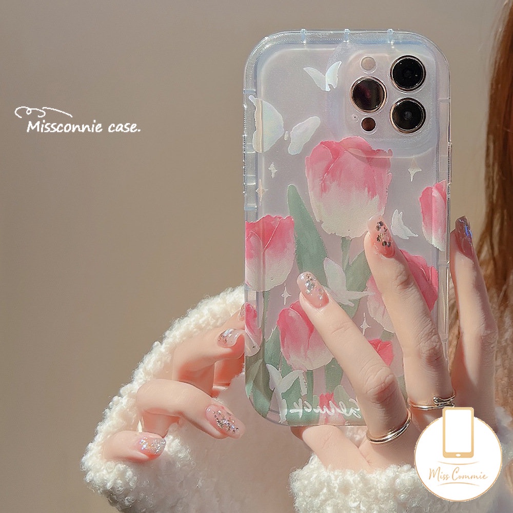 Ins Fashion Spring Fresh Flower Kompatibel Untuk iPhone 7Plus 11 14 12 13 Pro Max XR X 6s 7 8 6 Plus XS Max SE 2020 Fantasy Butterfly Tulips Transparan Airbag Shockproof Soft Cover