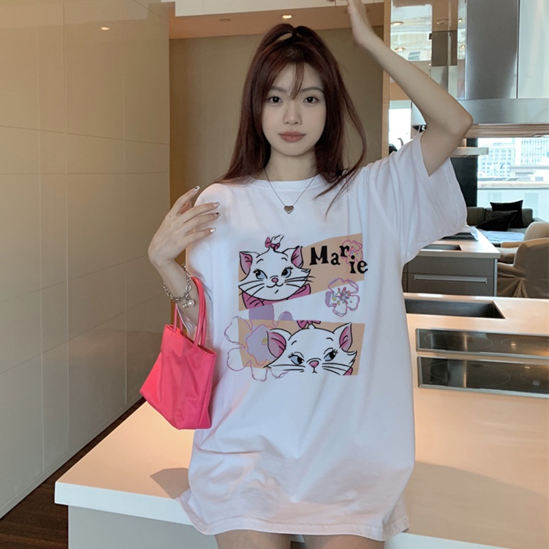Print T-shirt Kaos Lengan Pendek Cartoon Pink Cat Atasan Wanita Oversize Korean Style