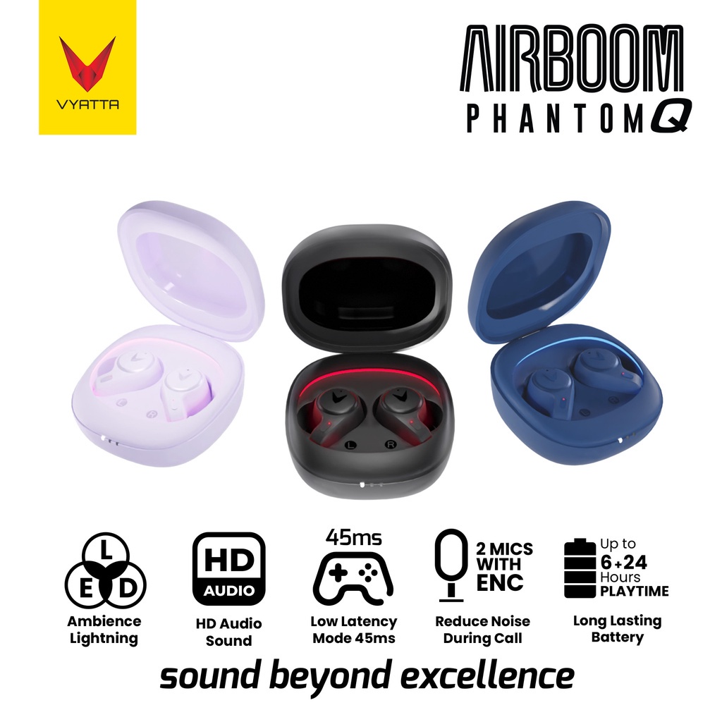Vyatta Airboom Phantom Q Tws Bluetooth Headset Earphone Gaming Premium Ambience Light Hd Sound