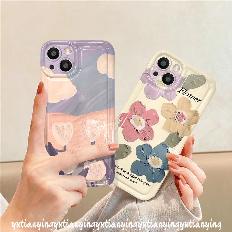 IPHONE Case Bunga Lukisan Cat Minyak Kompatibel Untuk Iphone11 13 12 14 Pro MAX 7Plus XR 6 6S 8P Plus X XS MAX Shockproof Airbag Fresh Art Flower Tulips Soft TPU Silicon Clear Phone Back Cover