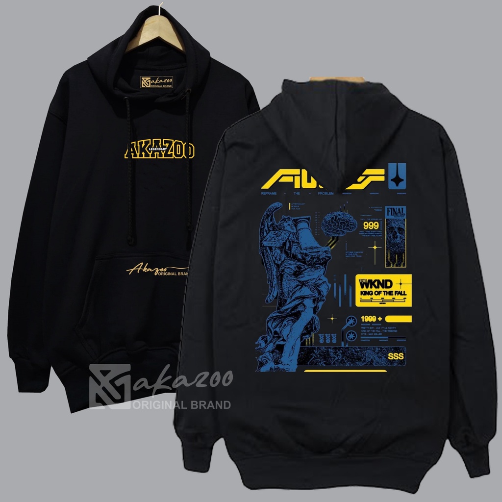 sweater hoodie pria distro oversize 2023 akazoo warna hitam WKND KING OF THE FALL gambar blakang sablon saku gold ziper cowok terlaris