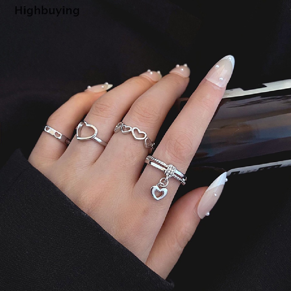 Hbid 4pcs/set Cincin Perak Romantis Hati Cinta Pembukaan Cincin Untuk Wanita Hadiah Pesta Pernikahan Fine Jewelry Glory