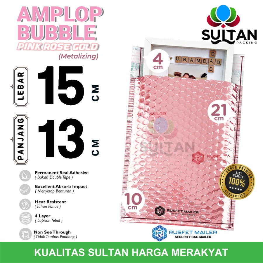 AMPLOP BUBBLE MAILER 15x13cm PINK ROSEGOLD BUBBLE WRAP ENVELOPE RUSFET