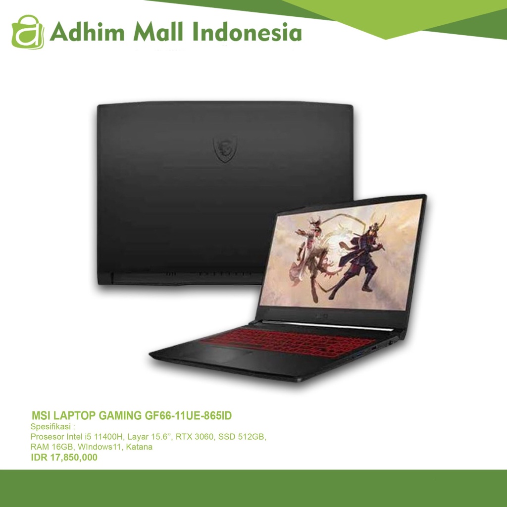 MSI LAPTOP GAMING GF66-11UE-865ID I5-11400H 16GB 512GB SSD NVME RTX 3060 6GB 15.6" FHD IPS 144HZ W11