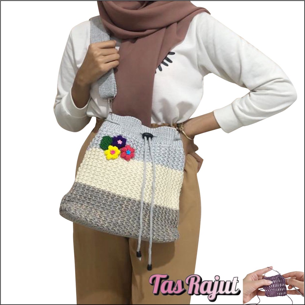 Tas Selempang Wanita Bahan Rajut PEGE Hinari Model Slempang Serut - PG 8953