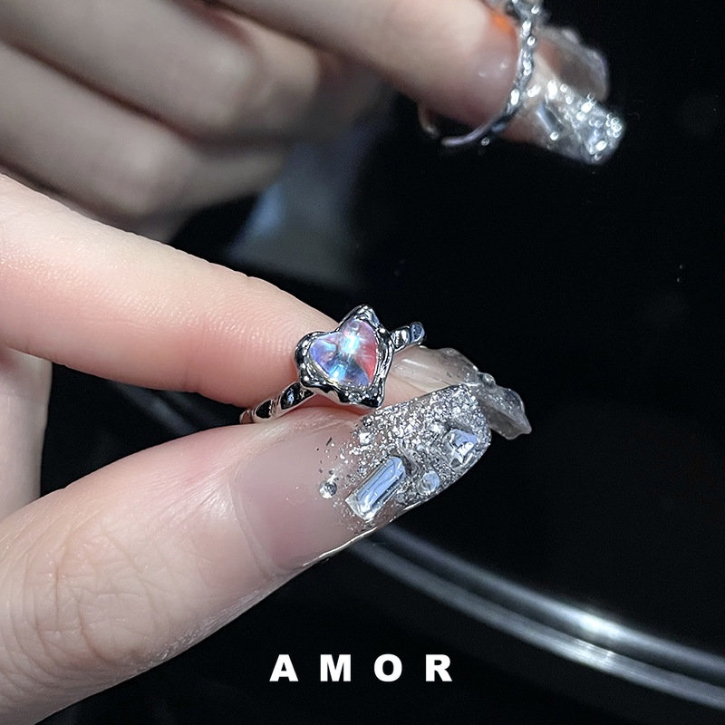 Set Cincin Batu Moonlight Cincin Adjustable Desain Niche Rantai Cinta Permata Kepribadian Wanita