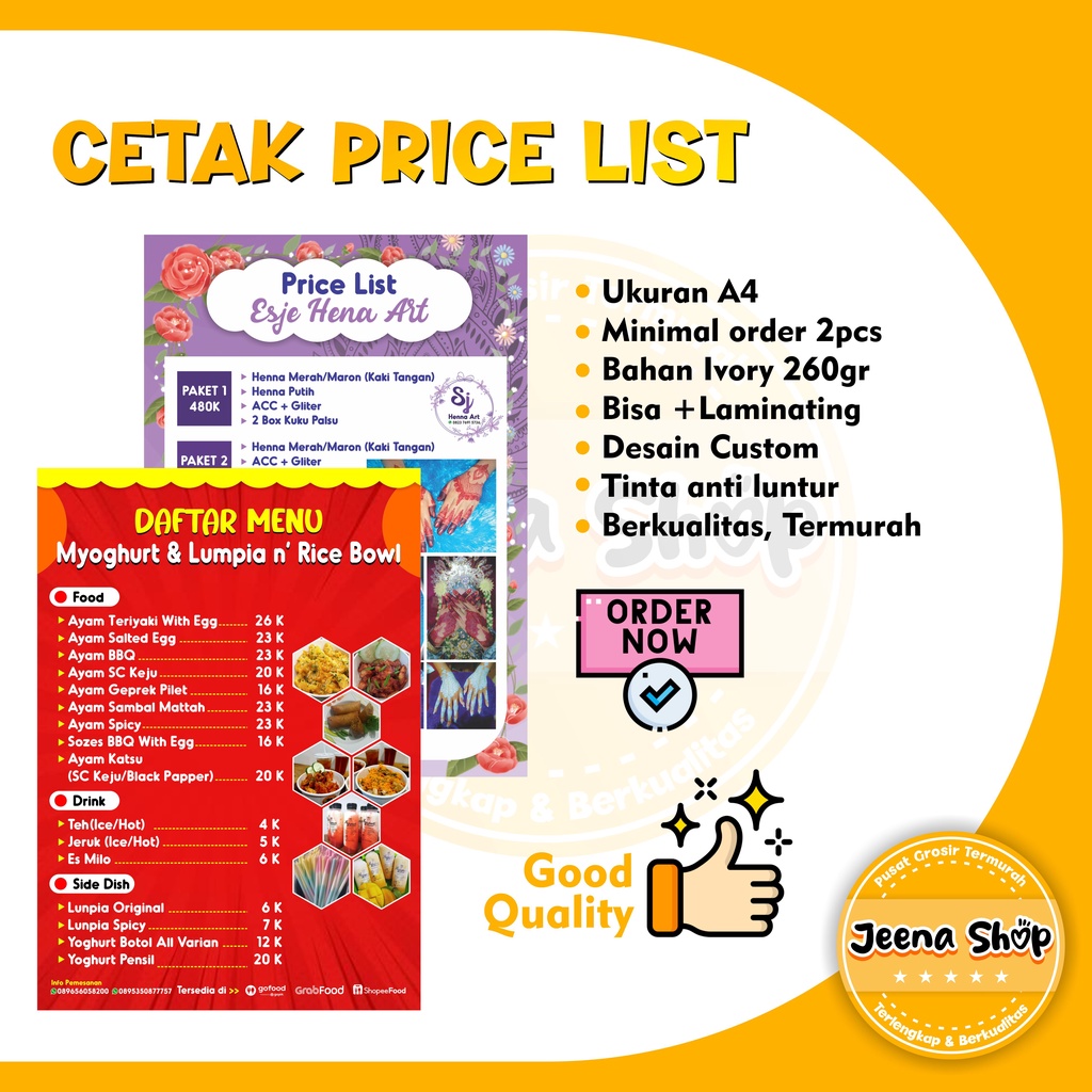 

Cetak Price List, Daftar Harga, Menu Makan Custom Ukuran A4 Berkualitas Tinta Anti Luntur Desain Sesukamu