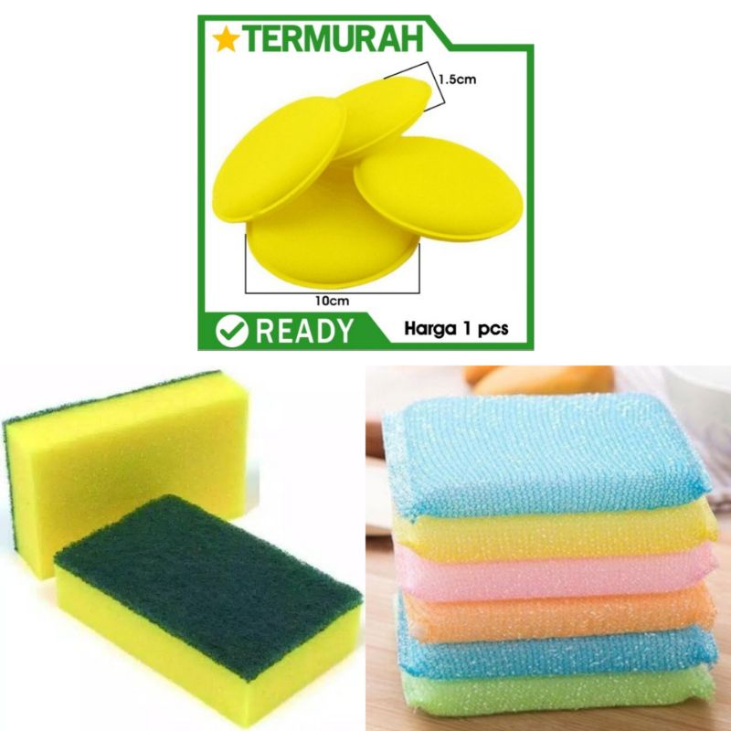 Spon spons busa cuci piring kain sponge dishwashing warna warni bulat kotak hijau kuning