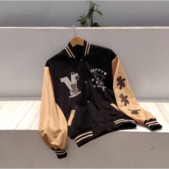 Happy Vencede Jacket Baseball Varsity V HAPPY BEAR Pria Wanita Korean Style