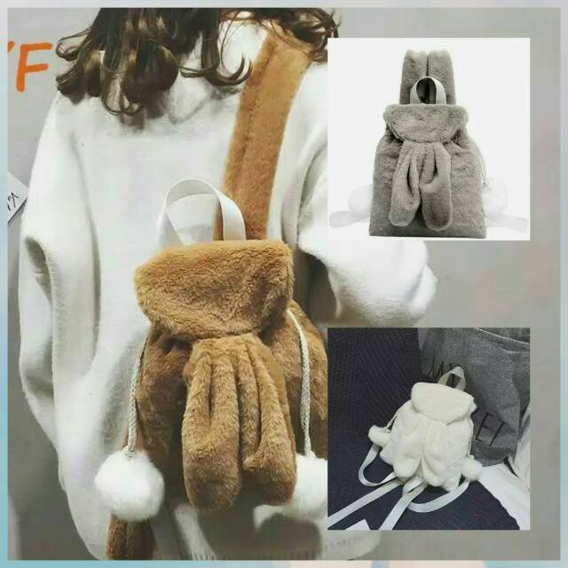 Tas Ransel Wanita Pikaboy Tas Ransel Boneka Pompon Rabbit Bulu FurBauty Tas Ransel Backpack Perempuan Gemoy Lucu