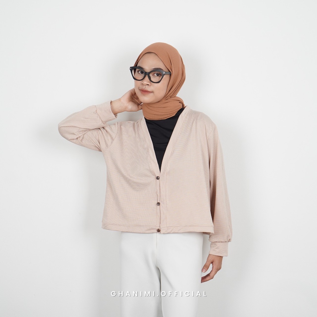 Ghanimi - Haura Cardigan / Outer Knit Motif / Outer rib crop / outer motif gingham kancing shanghai / outer casual formal / cardigan rajut tebal motif kotak kotak