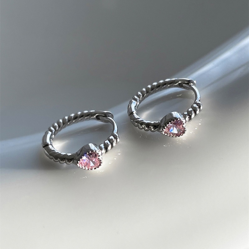 Roselife Korean 2 Pcs Silver Pink Rhinestone Heart Hoop Earrings for Women Girls Zircon Twisted Circle Round Earring Jewelry Gift