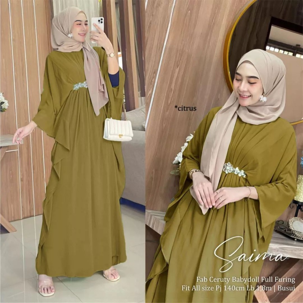 New Product Saima Kaftan // Gamis Lebaran 2023 Model Gamis Terbaru // Gamis Ceruty Baby Doll Motif