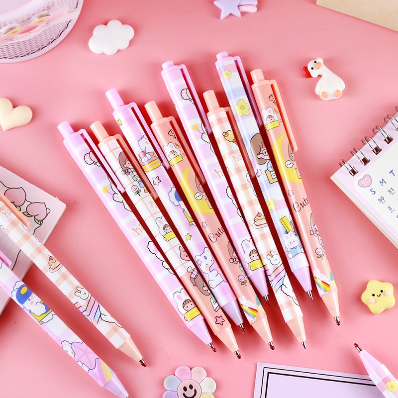 Kawaii Kartun Pink Gadis Lucu Press Pen 0.5 mm Tinta Hitam Bolpoin Siswa Menulis Alat Tulis Kantor Perlengkapan Sekolah