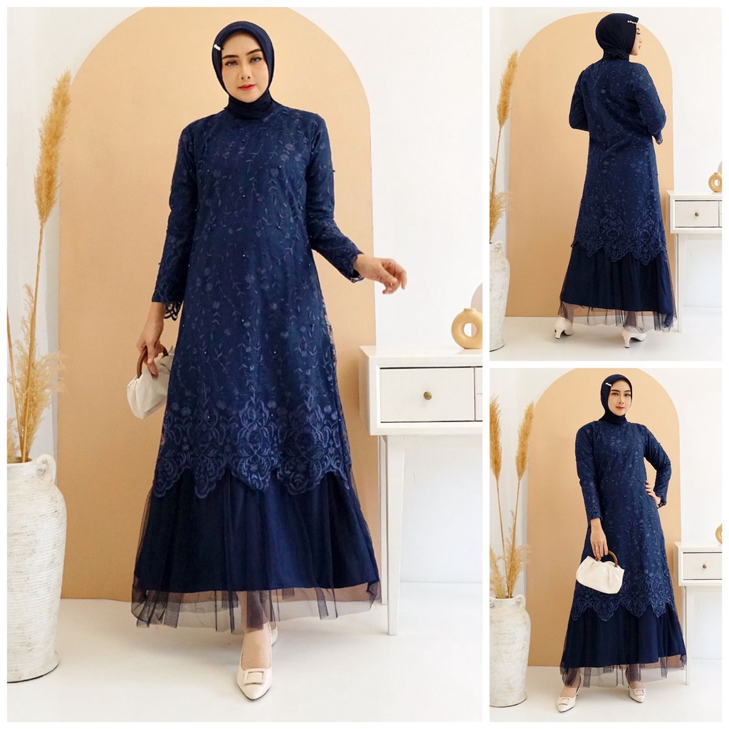 Gamis Arini Full Brukat Tile Bordir Mutiara Glitter Tulle Brokat Maxi Dress Pesta Mewah Kondangan Gamis Pesta